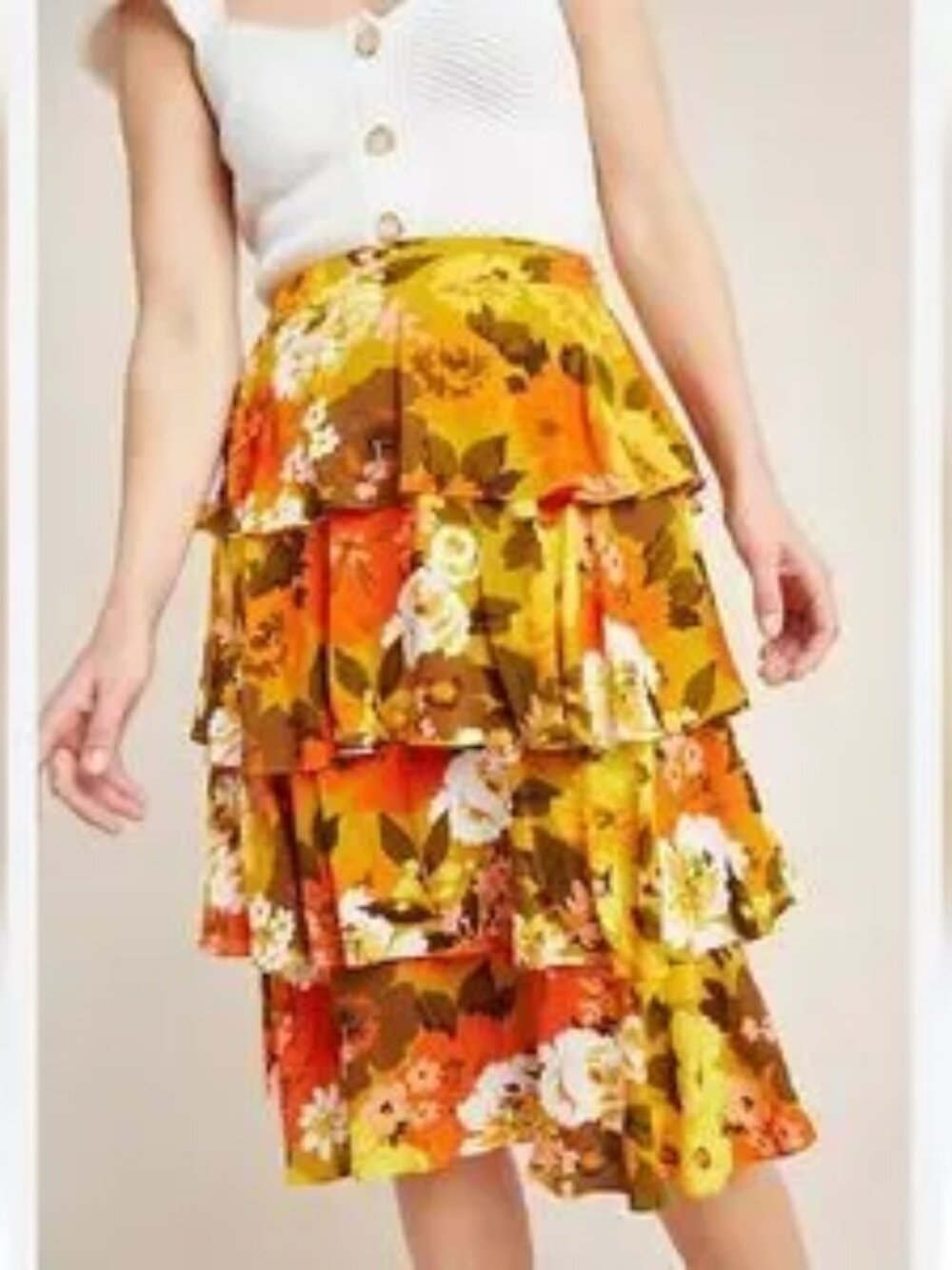 Anthropologie WOLVEN Yellow Orange Brown Layered Tiered Skirt NWT Sz 10